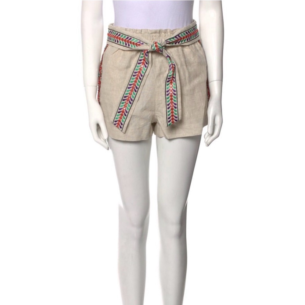 Alice + Olivia Natural Linen Embroidered Tie-Waist Shorts